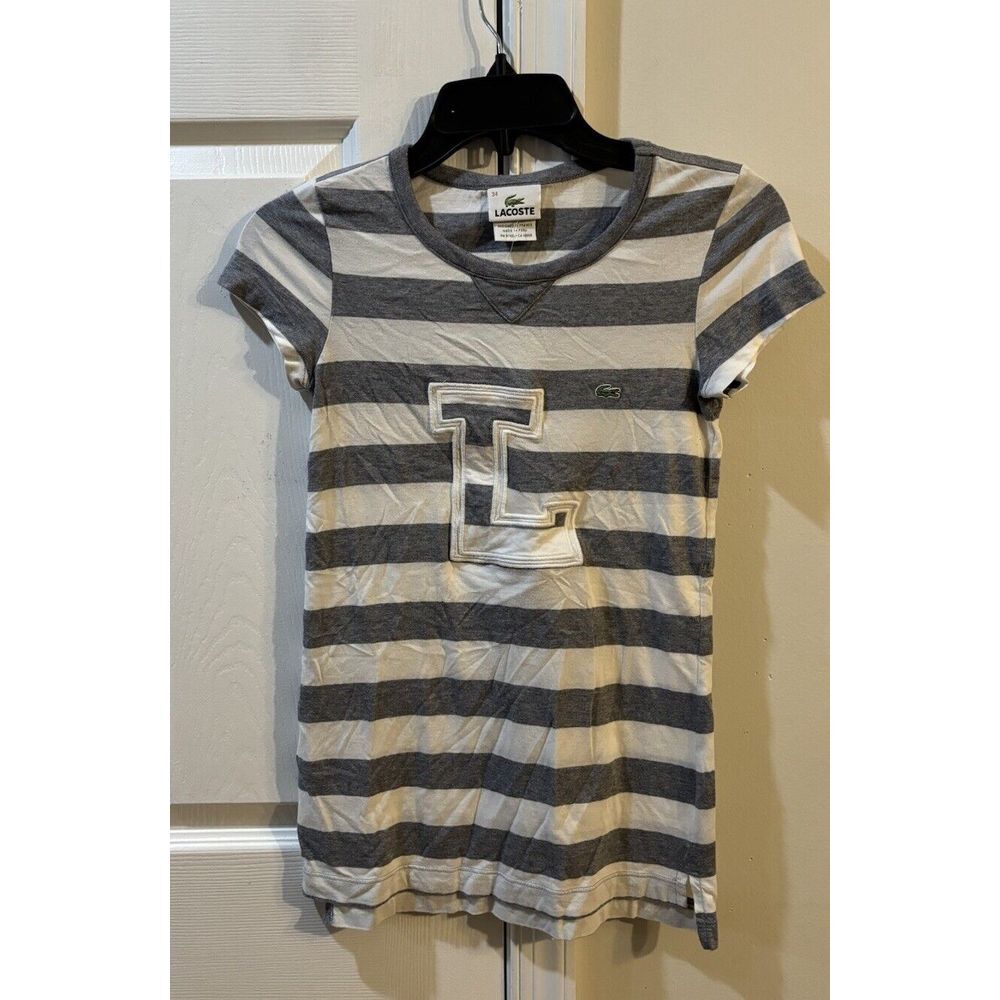 Lacoste Women's Short Sleeve Shirt Sz 34 Gray And White Striped